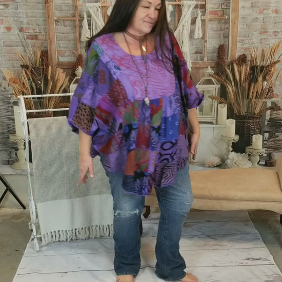 video of womens poncho patchwork hippie shirt dark purple 