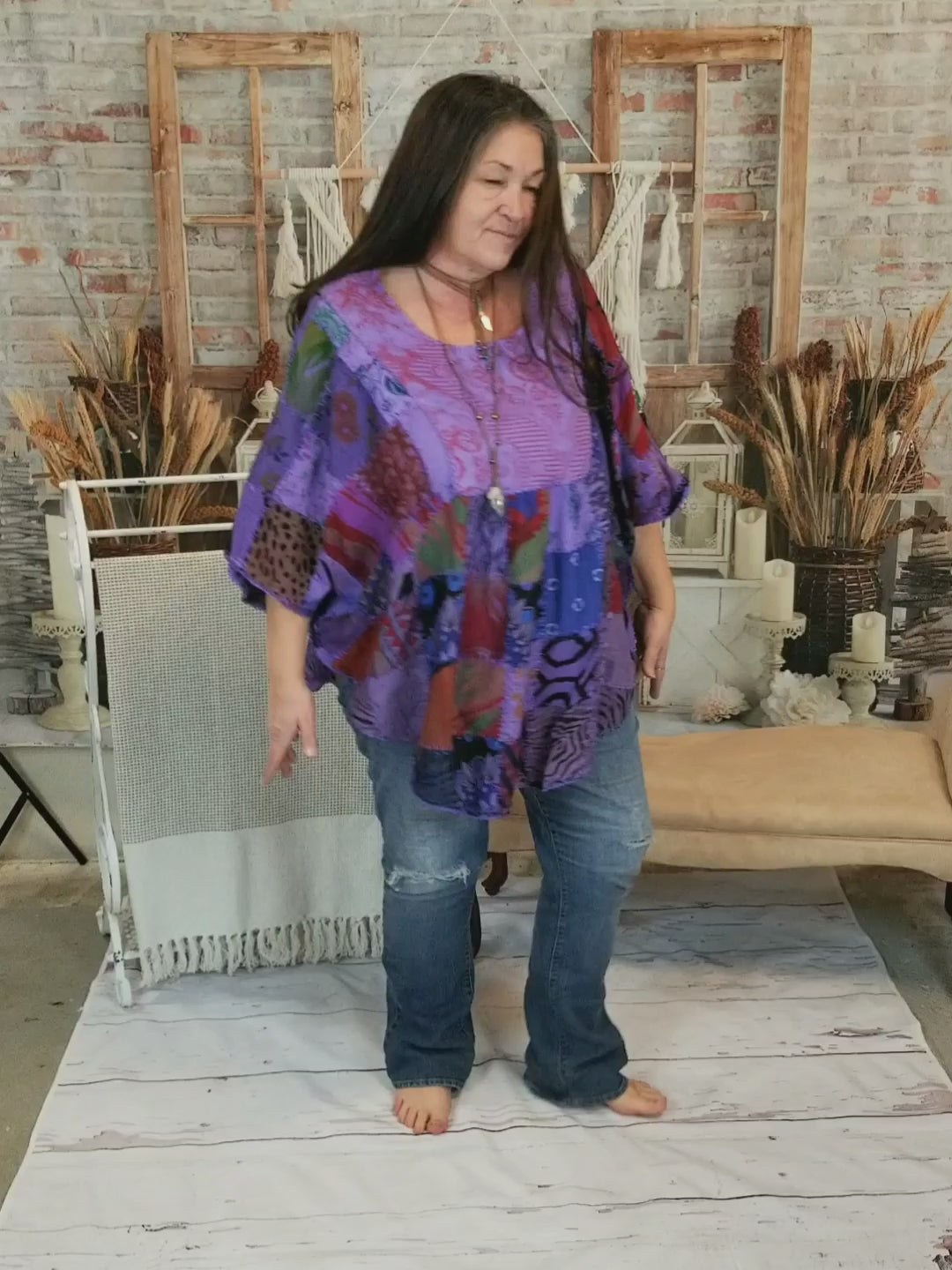 video of womens poncho patchwork top dark purple 