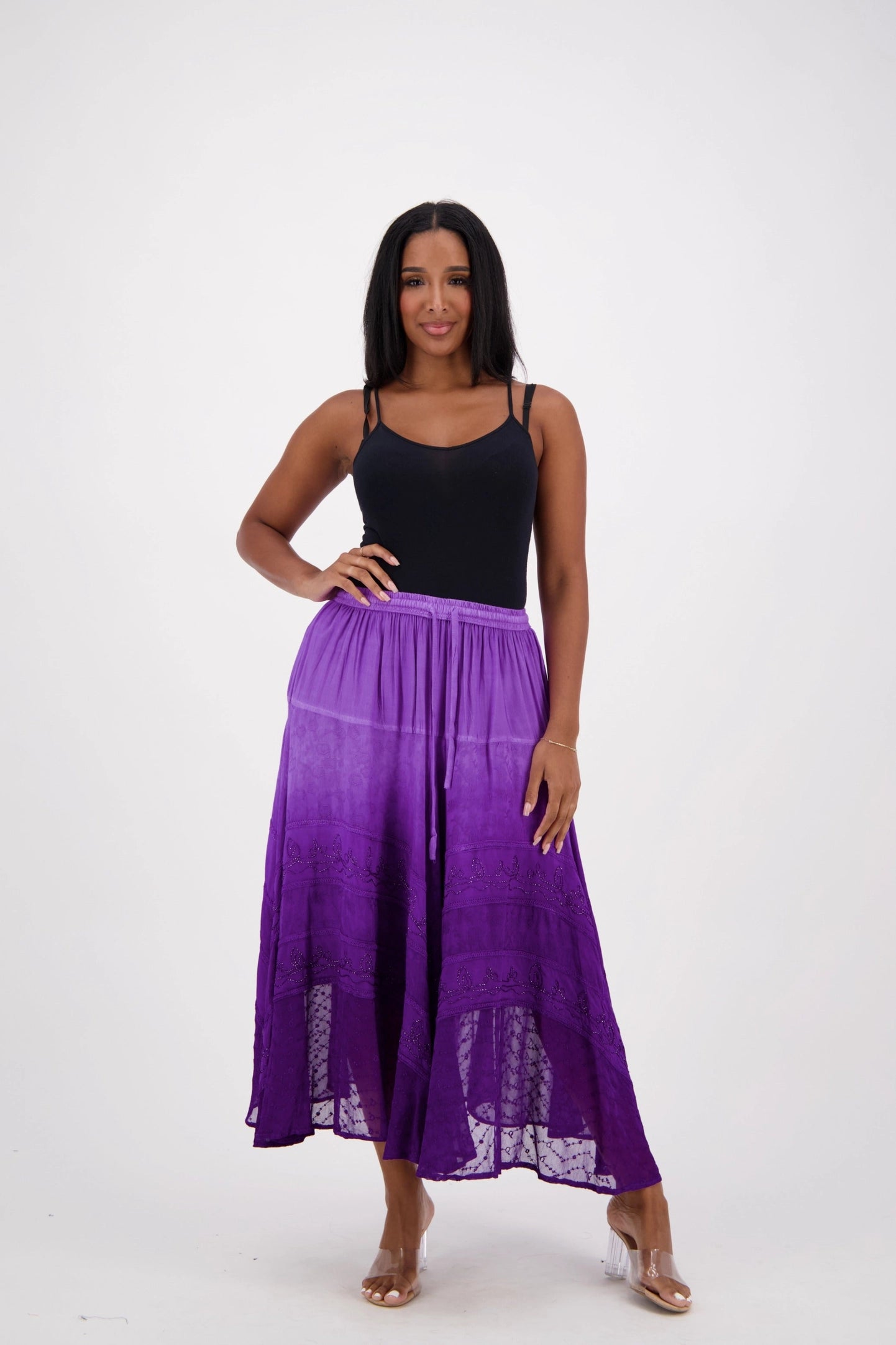 midi length Ombre purple tie dye gypsy skirt 