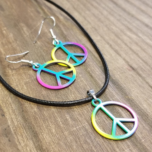 Rainbow Peace Sign Necklace Earring Set