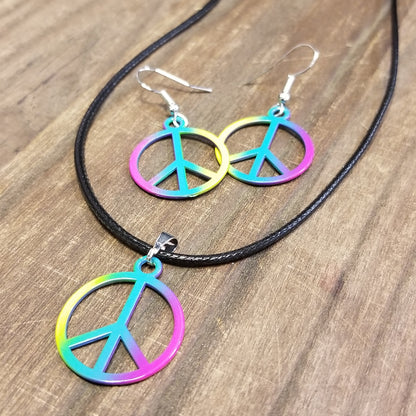 Rainbow Peace Sign Necklace Earring Set