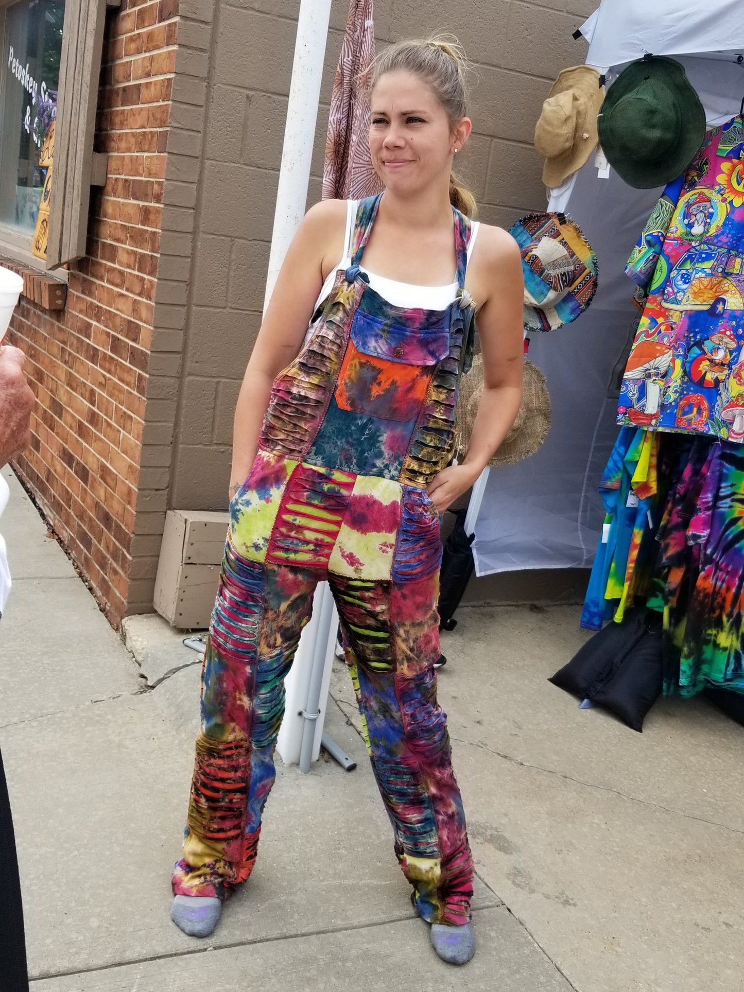 front razor cut tie dye patchwork overalls with pockets at the boho hippie hut midland michigan