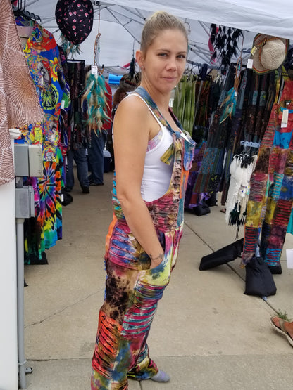 side razor cut tie dye patchwork overalls with pockets at the boho hippie hut midland michigan