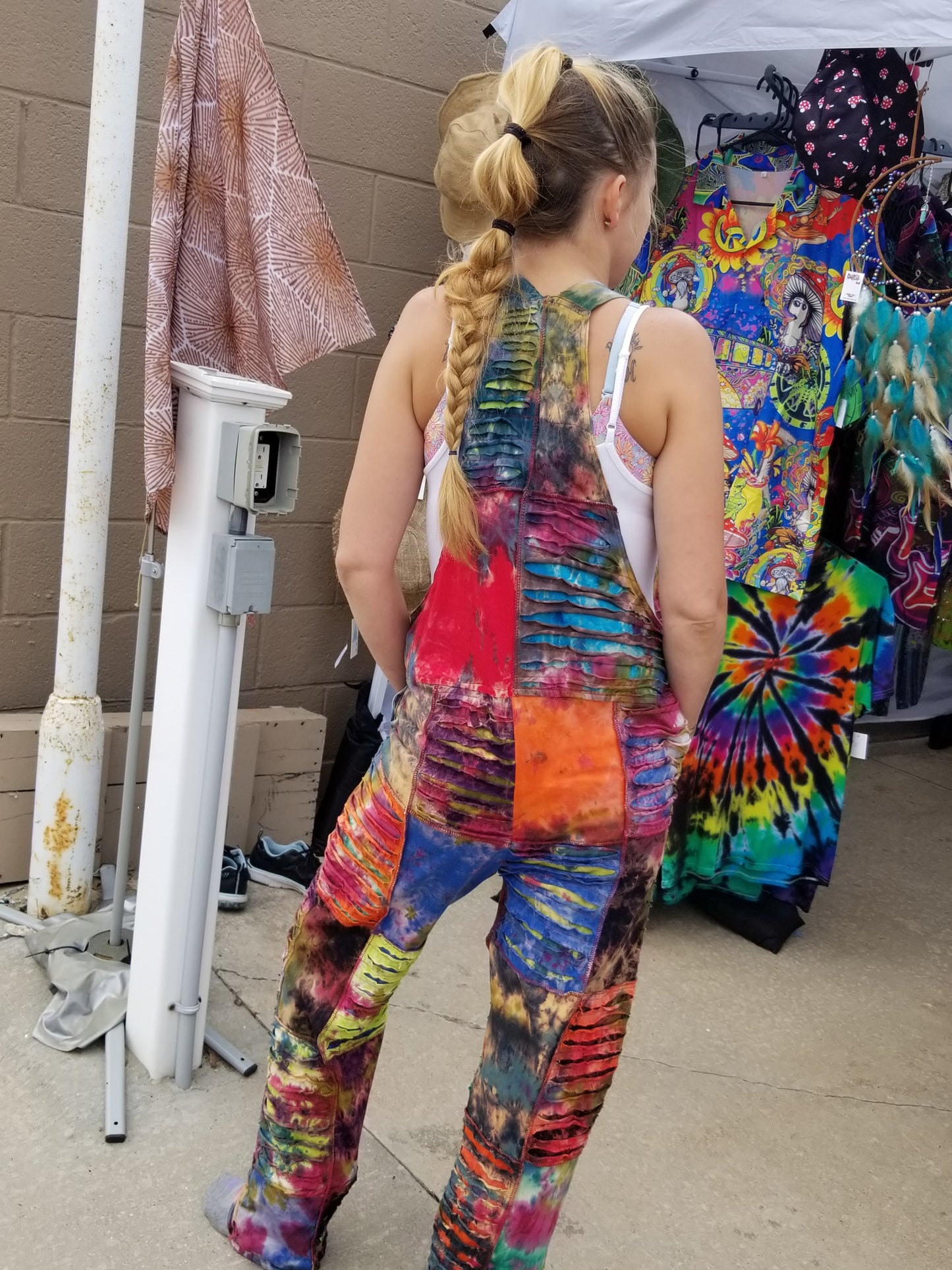 back razor cut tie dye patchwork overalls with pockets at the boho hippie hut midland michigan