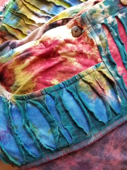 close up side pocket razor cut tie dye patchwork overalls at the boho hippie hut midland michigan