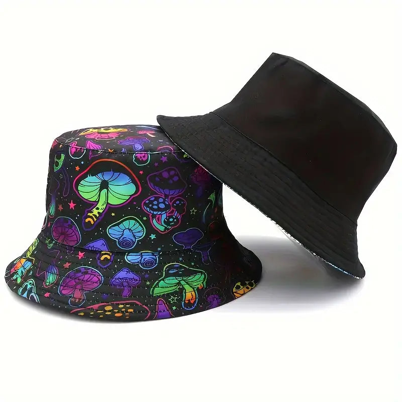 reversible mushroom bucket hat showing inside and outside