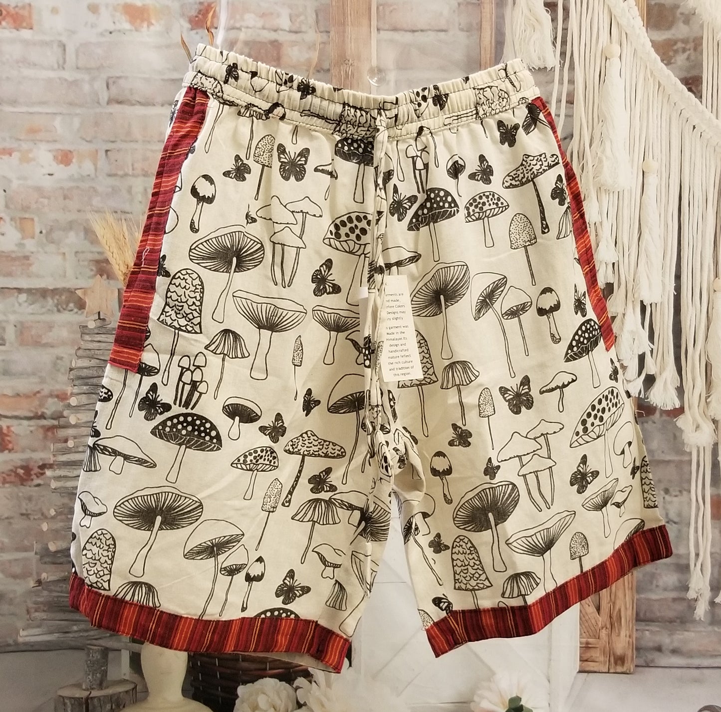 mens mushroom shorts with red trim front