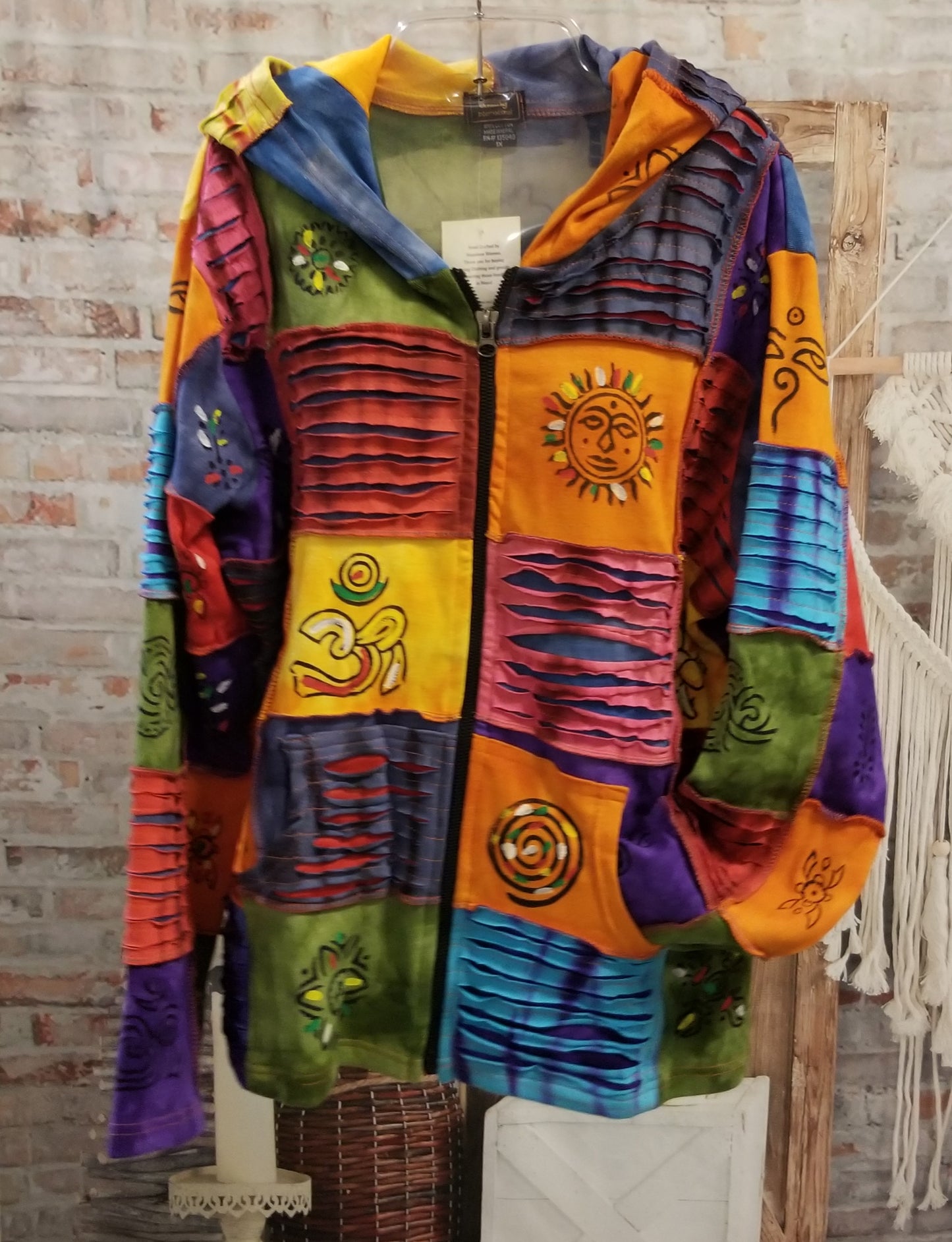 razor cut hoodie fall jacket in multi color with sun and om designs