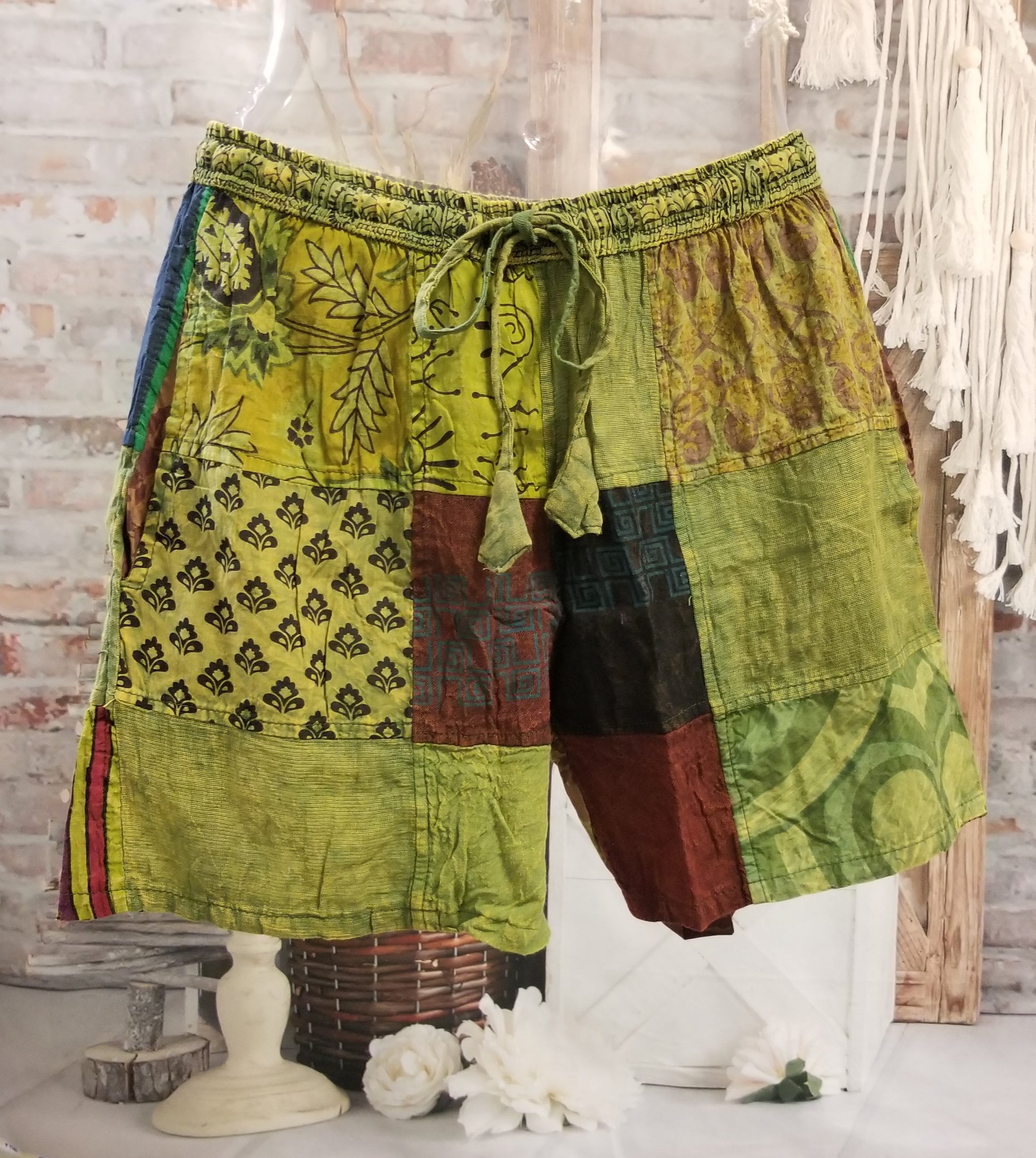 green patchwork shorts front