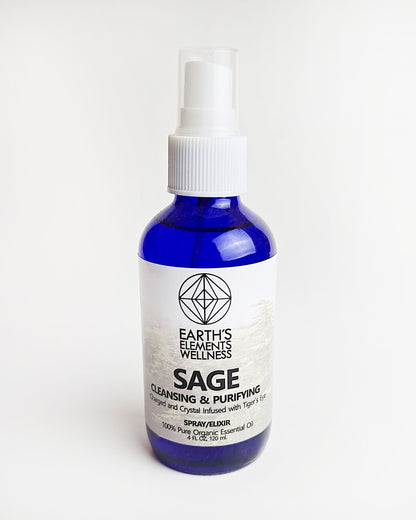 sage essential oil spray with tigers eye crystals front