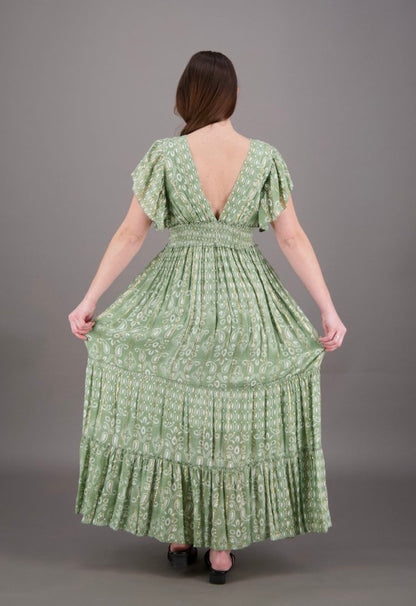 back of sage color long V-neck boho dress with cap sleeves 