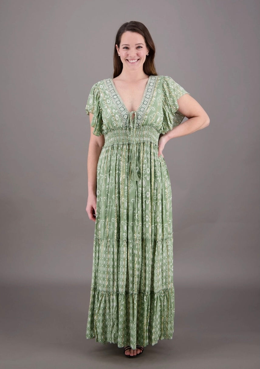 front of sage color long V-neck boho dress with cap sleeves 