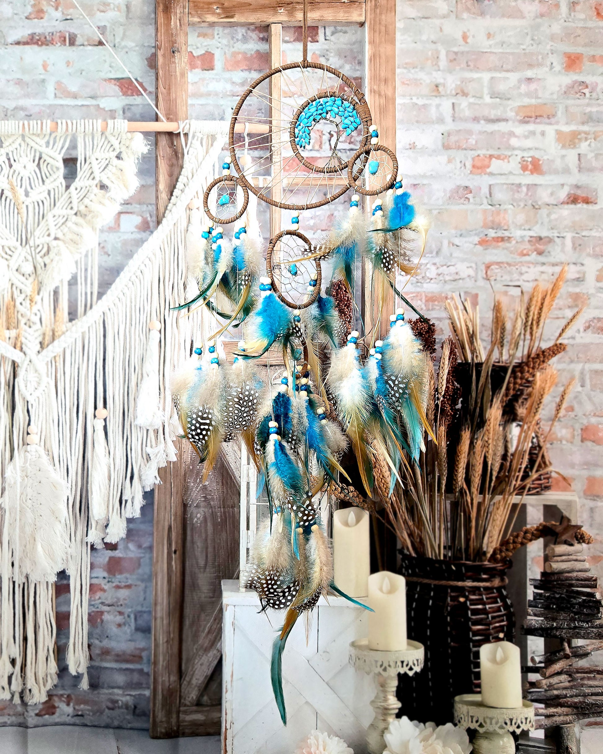 boho hippie home décor teal and brown tree of life dream catcher with feathers