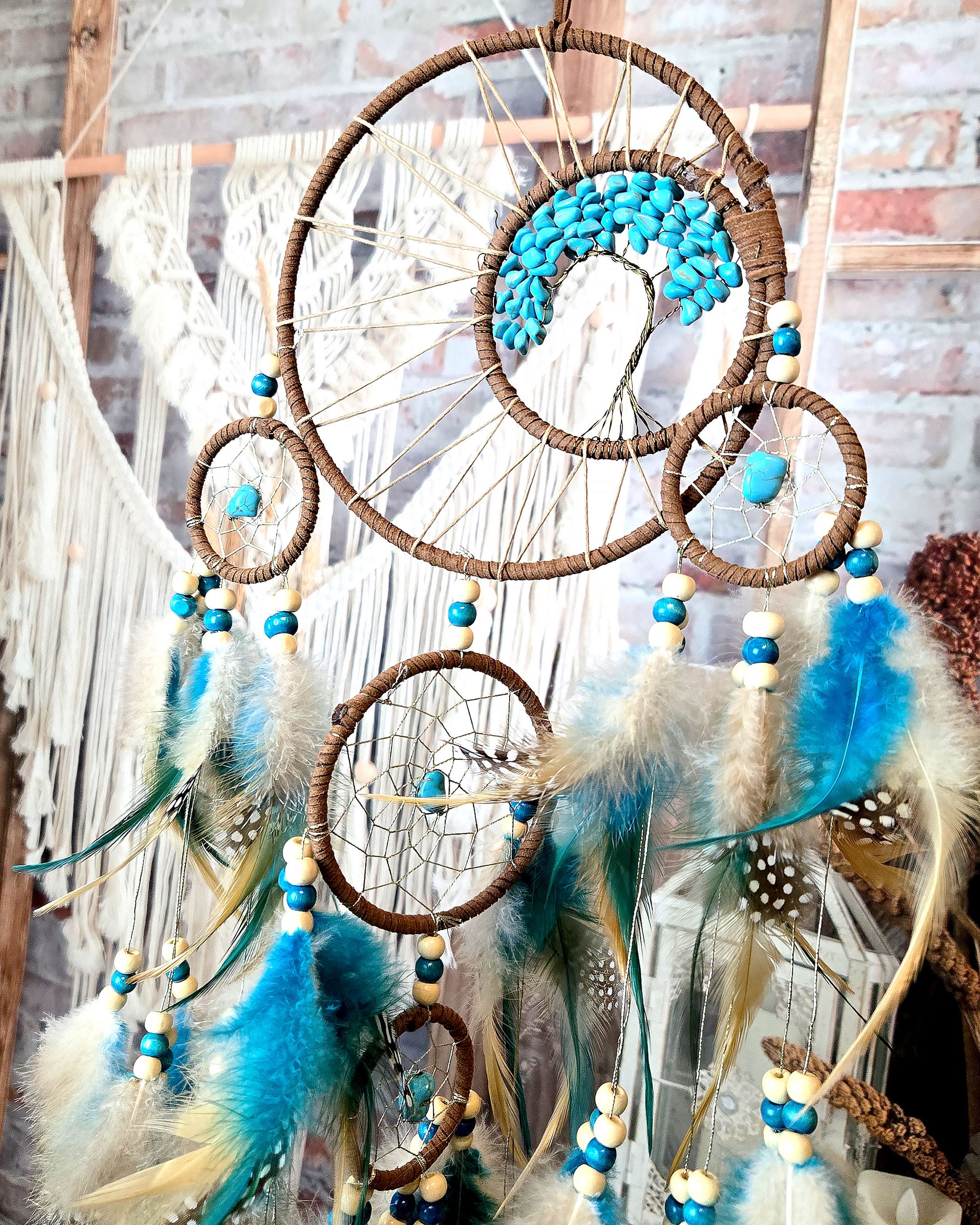 teal and brown tree of life dream catcher with feathers hippie home décor