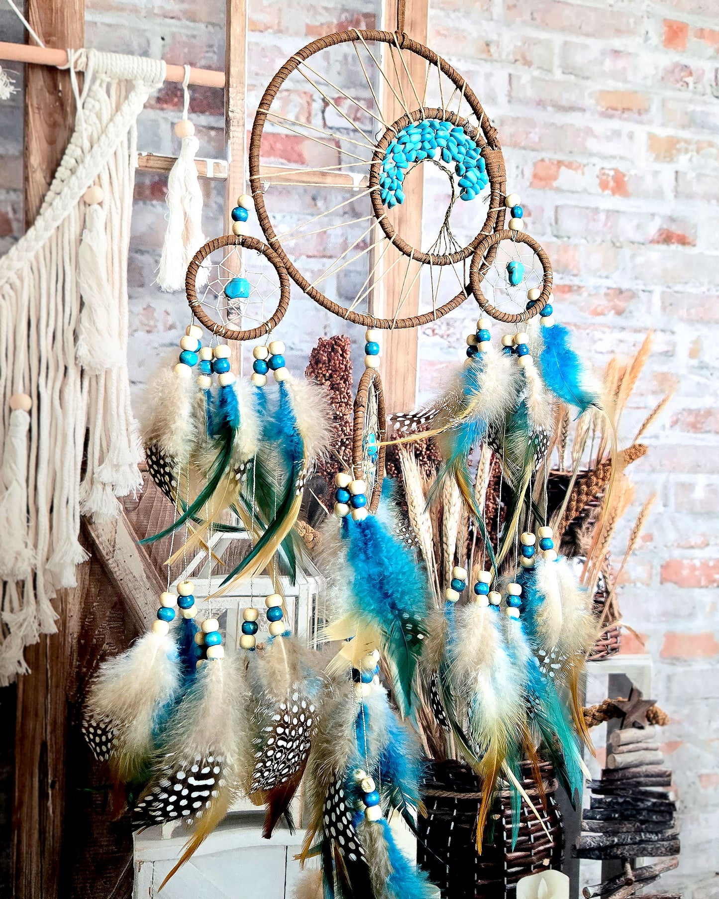 teal and brown tree of life dream catcher with feathers boho home decor