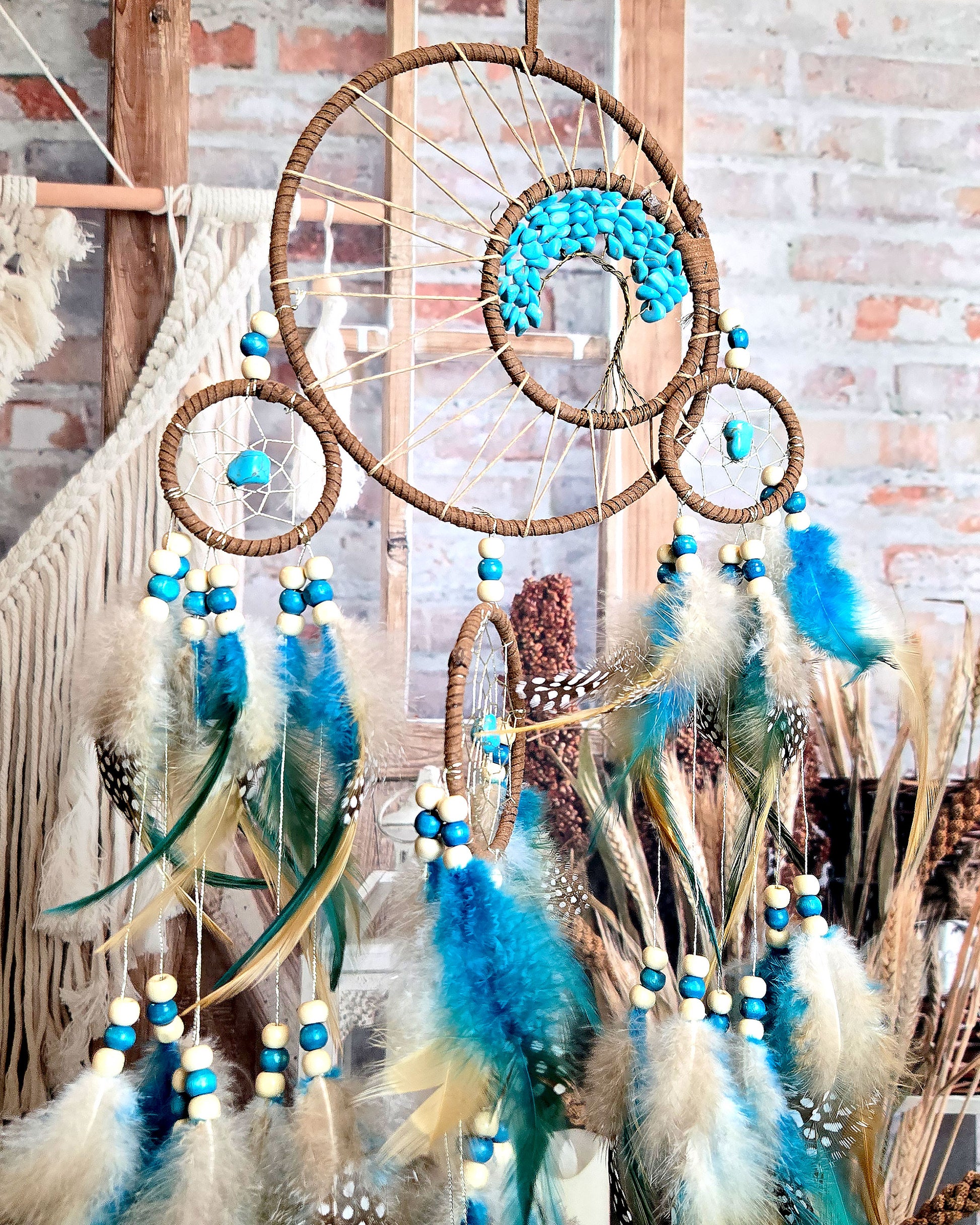 teal and brown tree of life feather dream catcher boho home decor