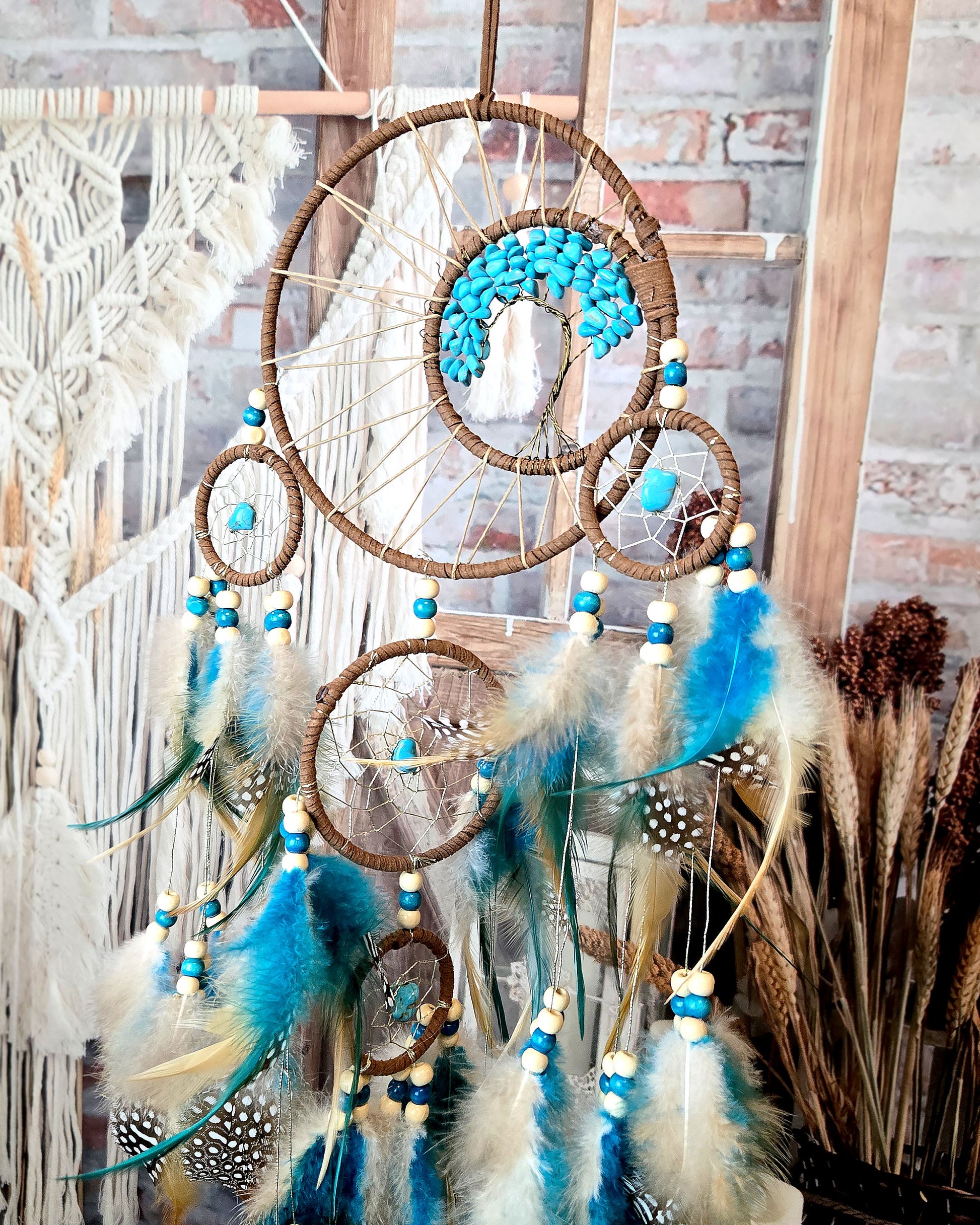 teal and brown tree of life dream catcher with feathers boho hippie bedroom décor