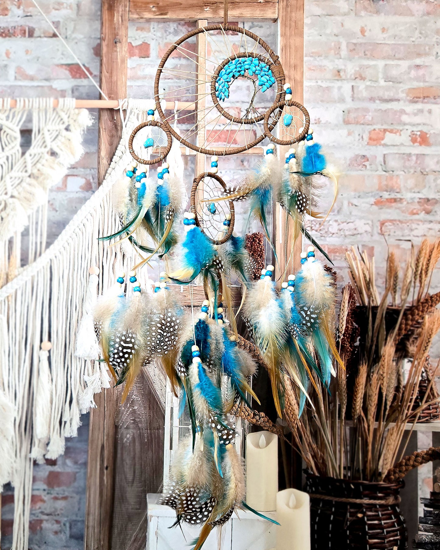 hippie home décor teal and brown tree of life dream catcher with feathers