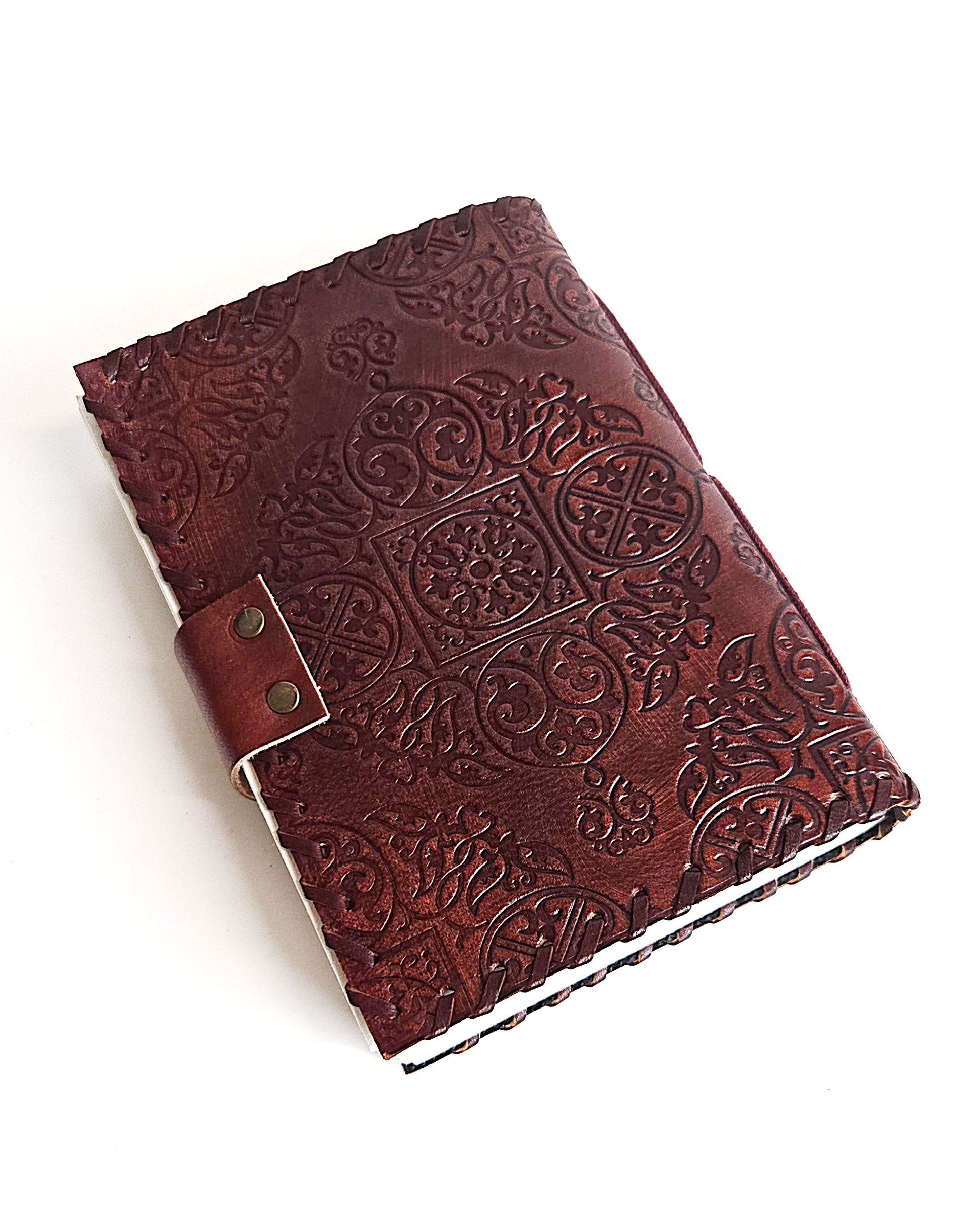 leather journal with embossed the moon tarot card design antique buckle closure and leather stitched edges back