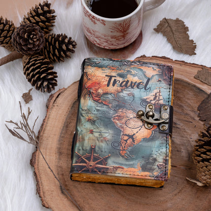 travel leather journal front with vintage map design