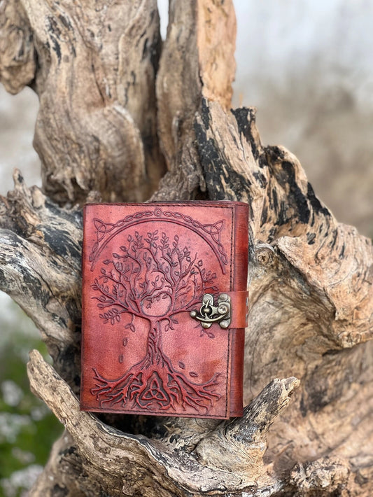 front of tree of life embossed leather writing journal