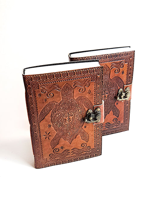 leather journals with embossed turtle design and antique buckle closure front