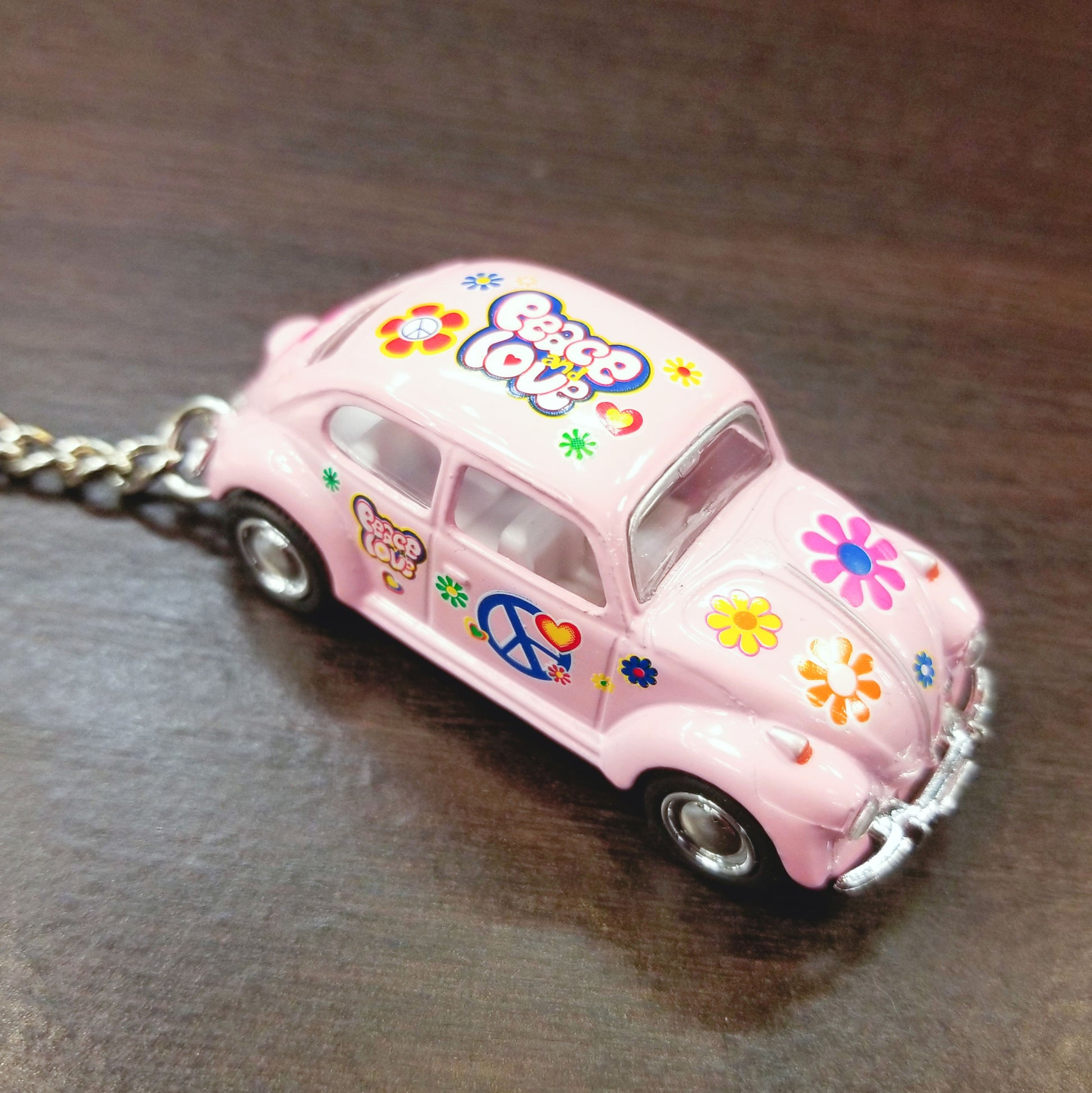 vw beatle car hippie keychain pink