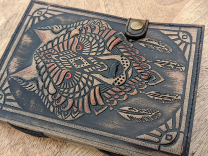 close up of wolf embossed leather journal