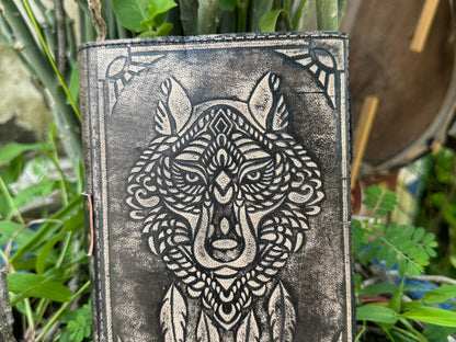 wolf embossed leather journal close up