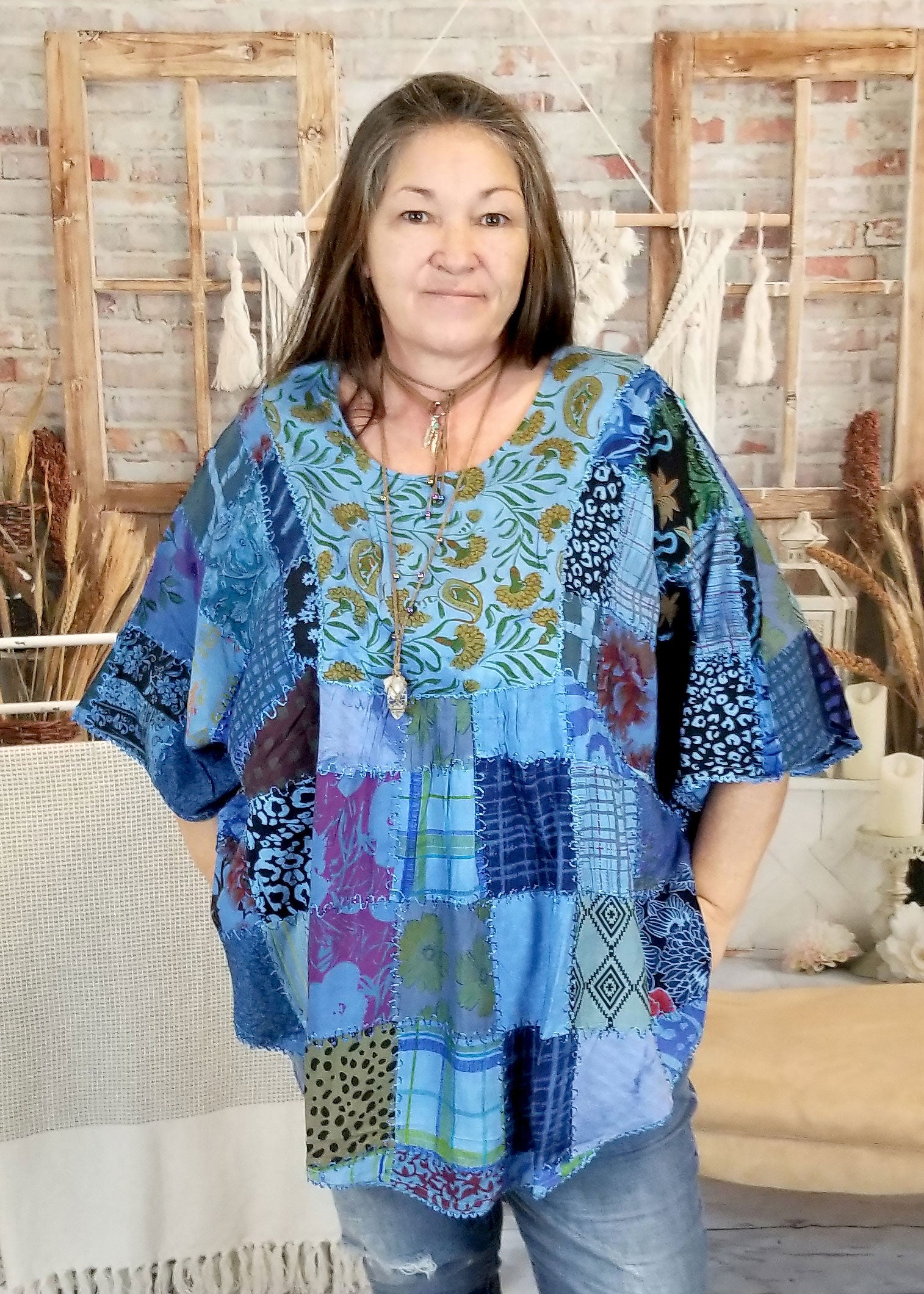 womens poncho patchwork hippie shirt blue front