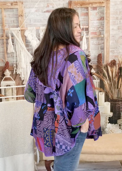 womens poncho patchwork top dark purple side