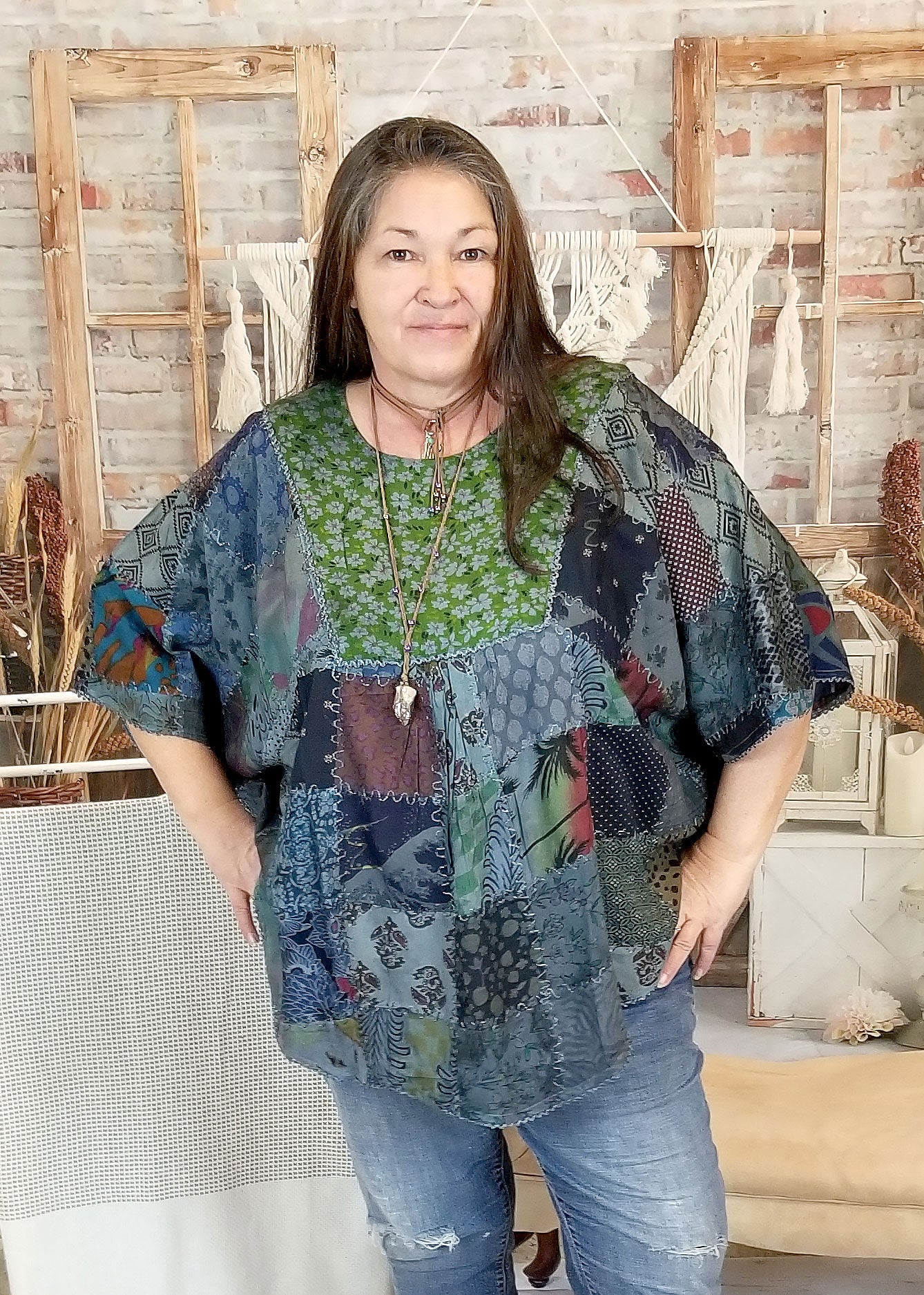 womens poncho patchwork shirt gray front