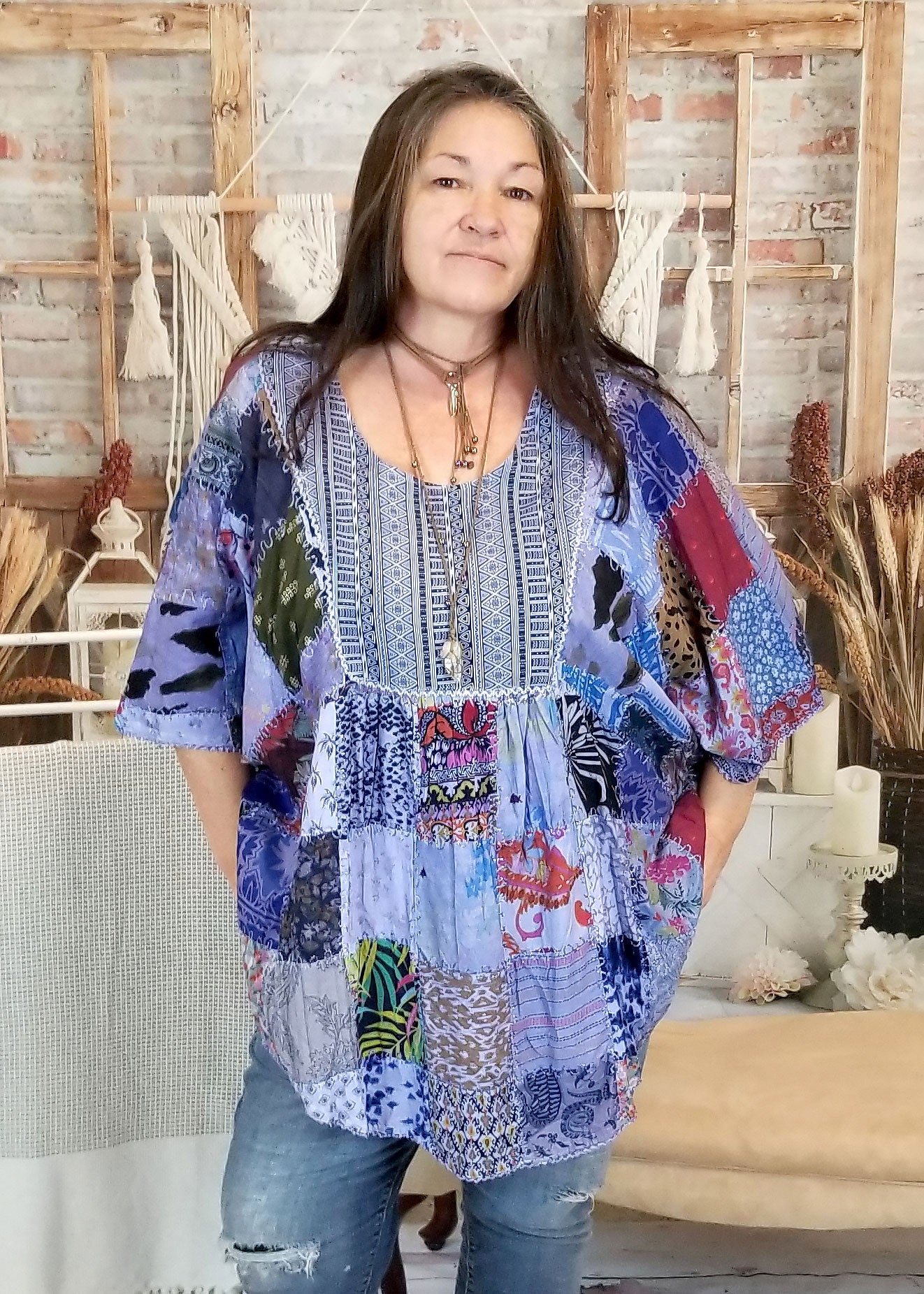 womens poncho patchwork hippie shirt light purple front