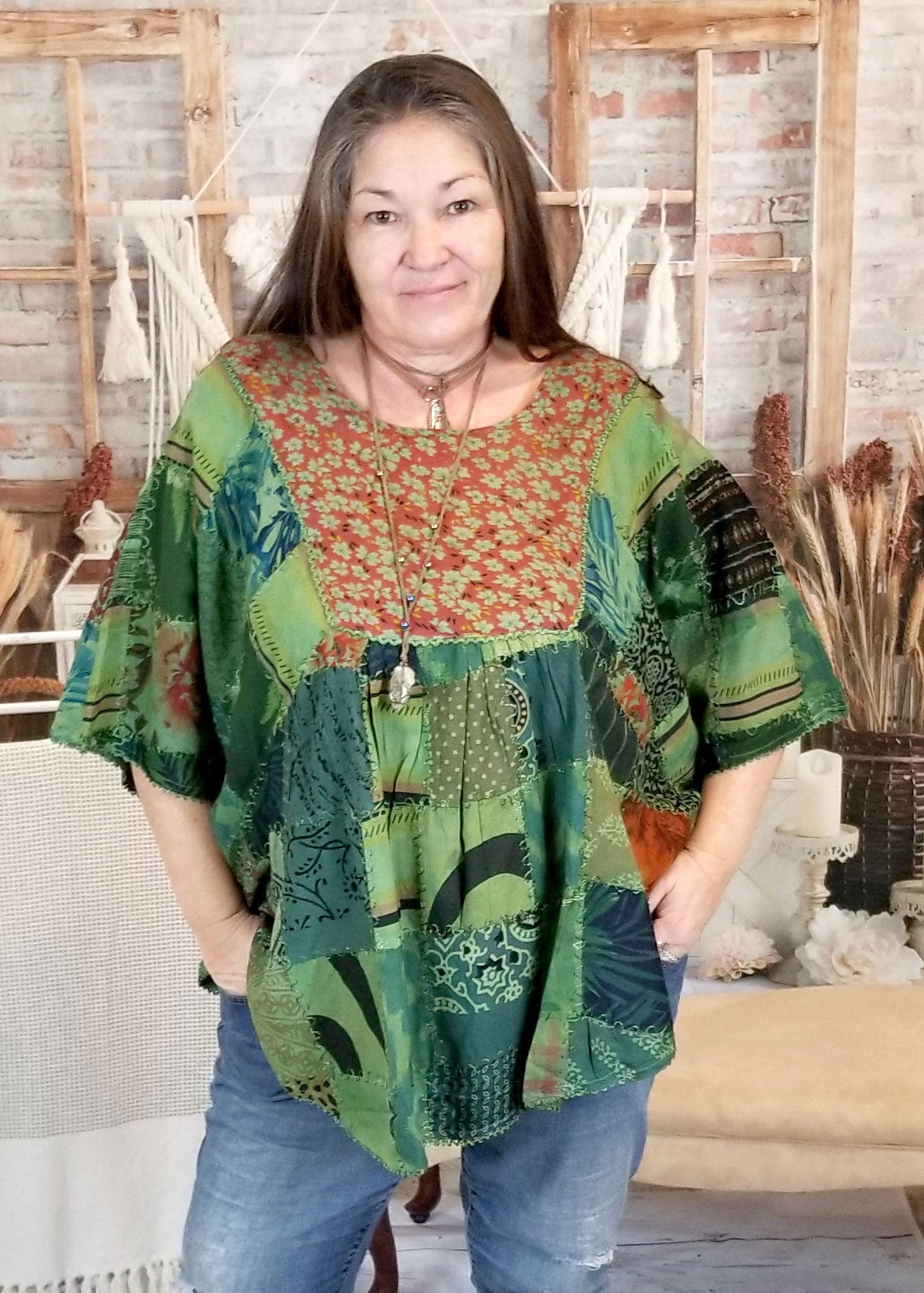 womens poncho patchwork top olive front