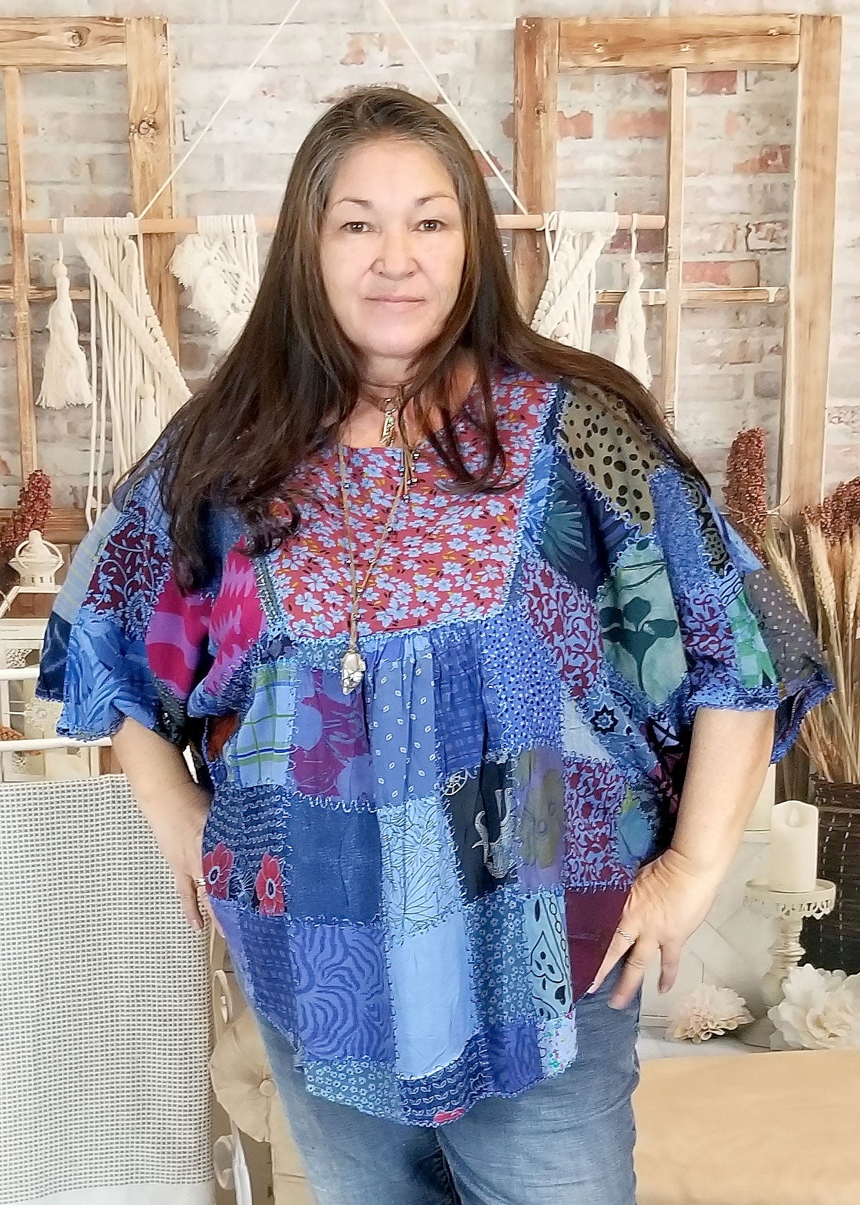 womens poncho patchwork top periwinkle front