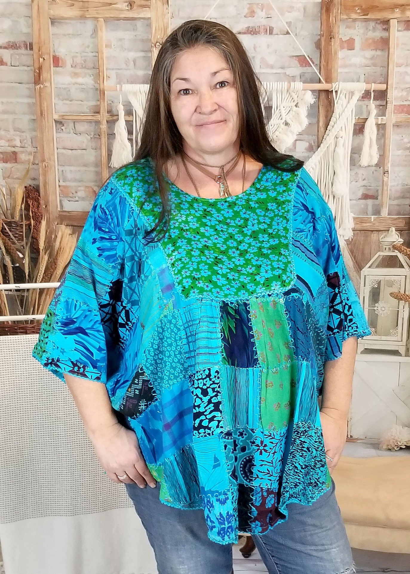 womens poncho patchwork shirt turquoise front